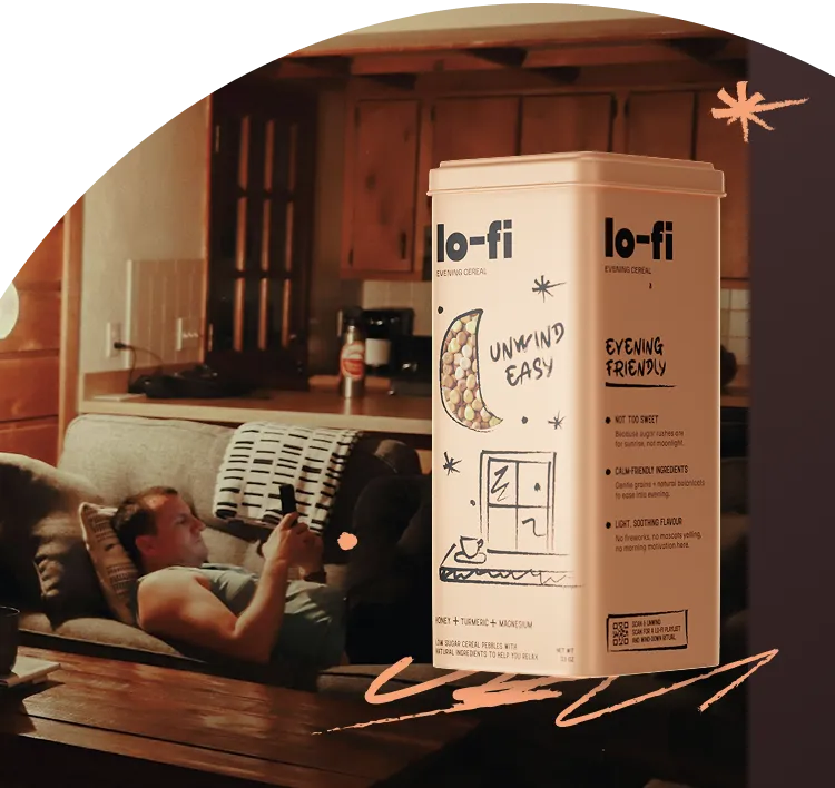 A cozy living room scene features a person lounging on a couch, engaging with a mobile device, alongside a box of Lo-Fi evening cereal.