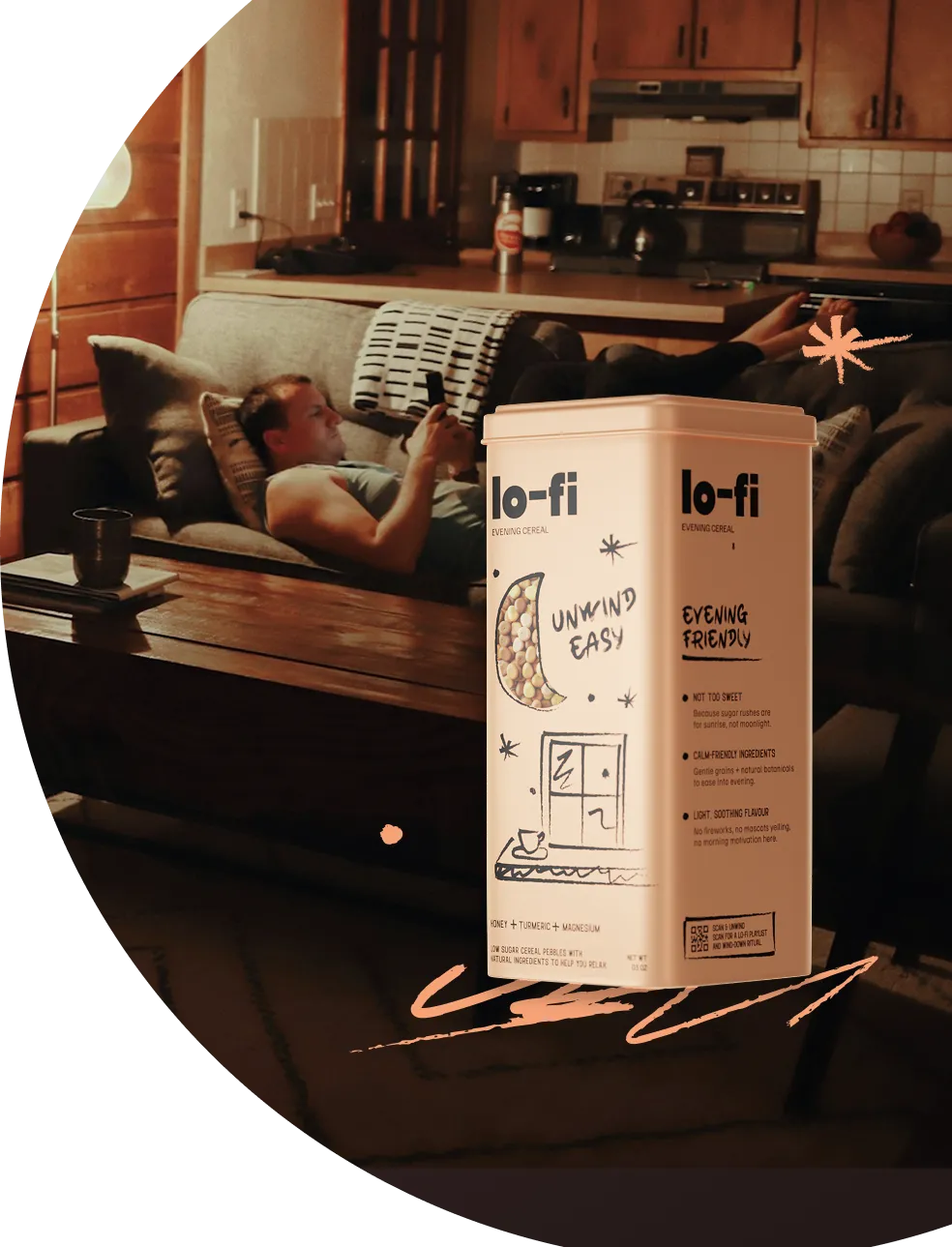 A cozy living room scene features a person lounging on a couch, engaging with a mobile device, alongside a box of Lo-Fi evening cereal.